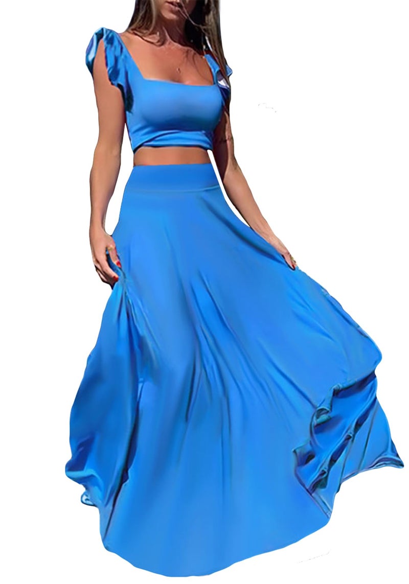 Vakkest Womens Summer Sexy 2 Pieces Outfits Ruffle Floral Tank Top Wrap Boho Tropical Long Skirt Set Clubwear Dresses - Image 1