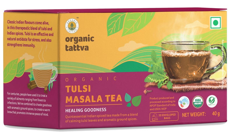 Organic Tattva, Organic Tulsi Masala Tea 20 Tea Bags | For Immunity Boosting & Sore Throat Prevention | Contains Vitamin C and Antioxidants | Caffeine Free - Image 1