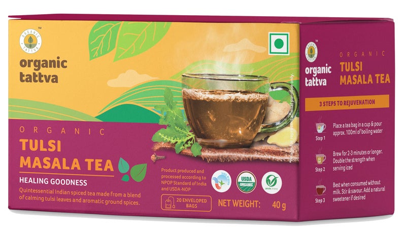 Organic Tattva, Organic Tulsi Masala Tea 20 Tea Bags | For Immunity Boosting & Sore Throat Prevention | Contains Vitamin C and Antioxidants | Caffeine Free - Image 2