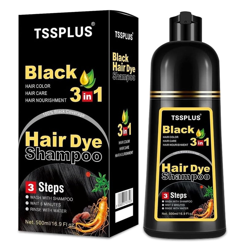 TSSPLUS Black Hair Dye Shampoo, 500ml - Organic Natural Hair Color Dye Shampoo for Women & Men, Instant Gray White Hair Cover, Plant Essence, Semi-Permanent - Image 1