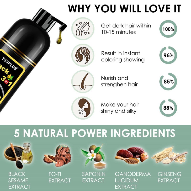 TSSPLUS Black Hair Dye Shampoo, 500ml - Organic Natural Hair Color Dye Shampoo for Women & Men, Instant Gray White Hair Cover, Plant Essence, Semi-Permanent - Image 3