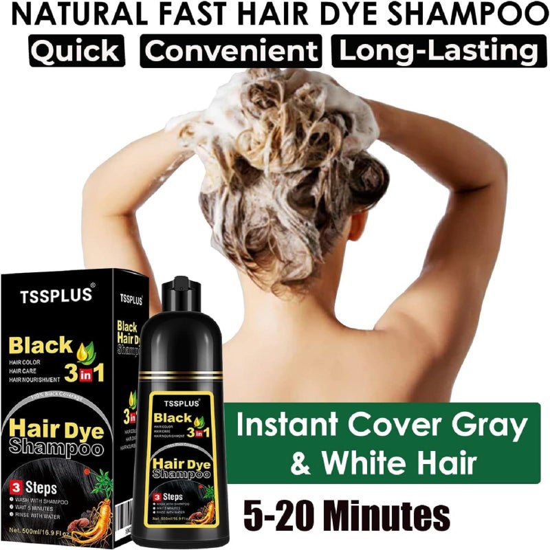 TSSPLUS Black Hair Dye Shampoo, 500ml - Organic Natural Hair Color Dye Shampoo for Women & Men, Instant Gray White Hair Cover, Plant Essence, Semi-Permanent - Image 4