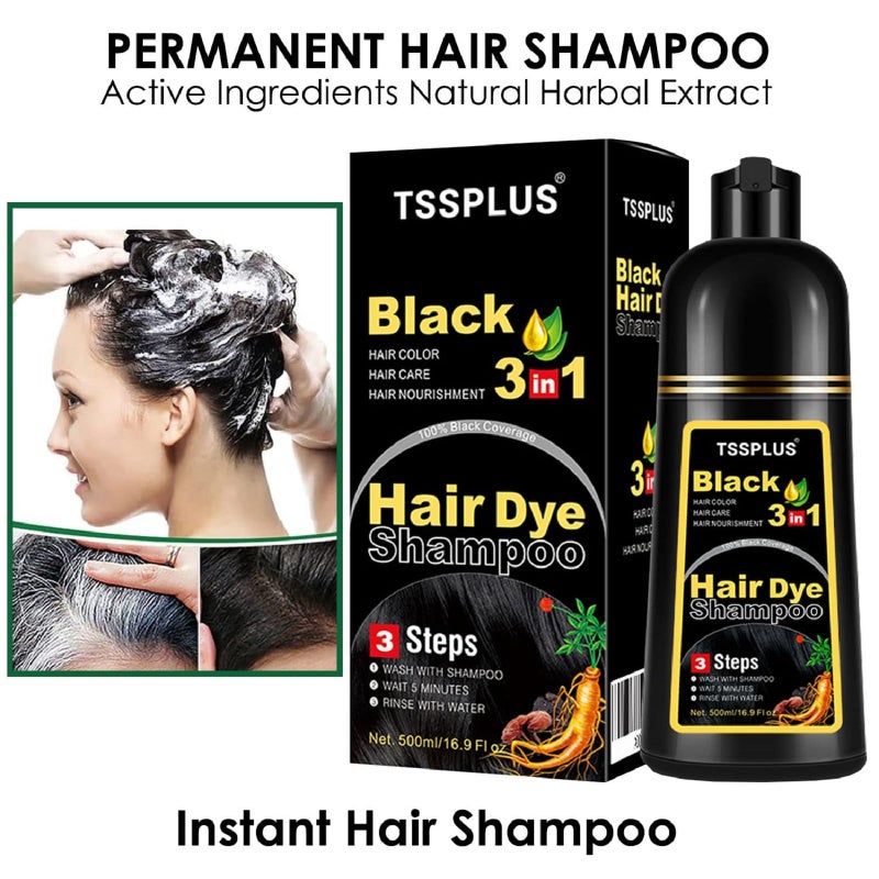 TSSPLUS Black Hair Dye Shampoo, 500ml - Organic Natural Hair Color Dye Shampoo for Women & Men, Instant Gray White Hair Cover, Plant Essence, Semi-Permanent - Image 5