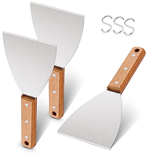 Leonyo Grill Griddle Scraper Set of 3, Leonyo Stainless Steel Metal Flat Top Grill Scraper Tool for Teppanyaki BBQ Dough Pancake Pizza Home Baking Cooking, Wooden Grip - Image 1