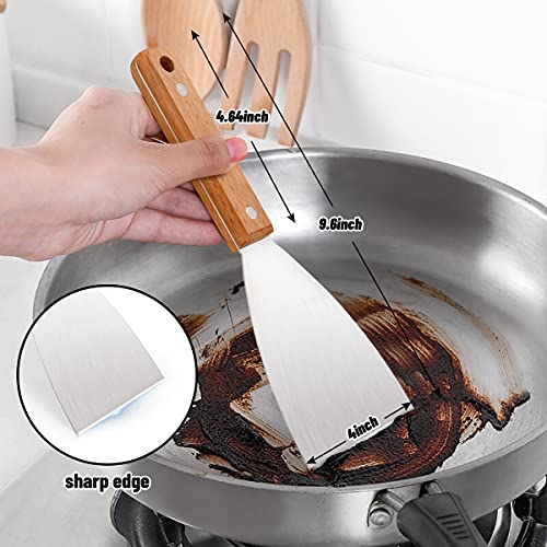 Leonyo Grill Griddle Scraper Set of 3, Leonyo Stainless Steel Metal Flat Top Grill Scraper Tool for Teppanyaki BBQ Dough Pancake Pizza Home Baking Cooking, Wooden Grip - Image 4