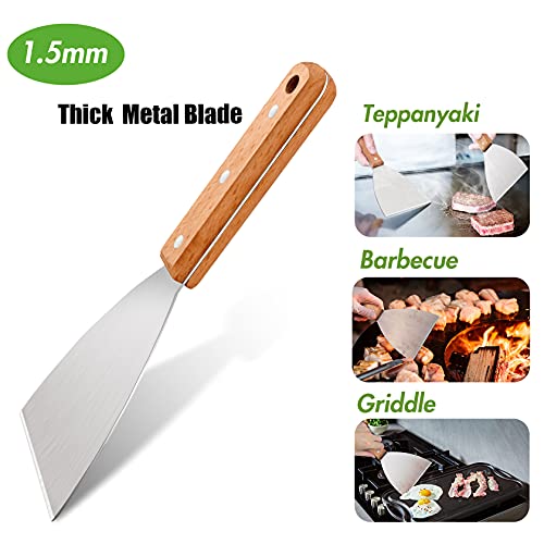 Leonyo Grill Griddle Scraper Set of 3, Leonyo Stainless Steel Metal Flat Top Grill Scraper Tool for Teppanyaki BBQ Dough Pancake Pizza Home Baking Cooking, Wooden Grip - Image 2