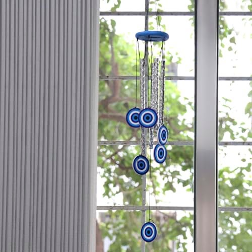 9Dzine Evil Eye Wind Chimes for Home 27 Inch | Silver Metal Pipe Wind Chime with Evil Eye Protection | Feng Shui Wind Chimes for Balcony, Bedroom & Home Décor - Image 2