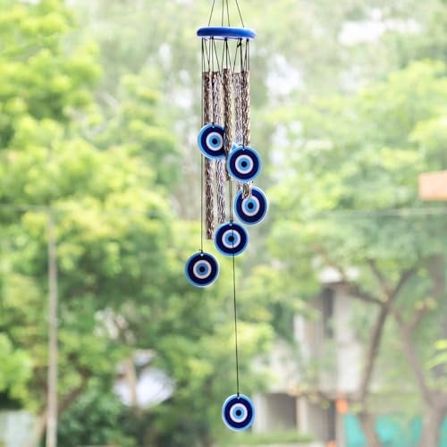 9Dzine Evil Eye Wind Chimes for Home 27 Inch | Silver Metal Pipe Wind Chime with Evil Eye Protection | Feng Shui Wind Chimes for Balcony, Bedroom & Home Décor - Image 1
