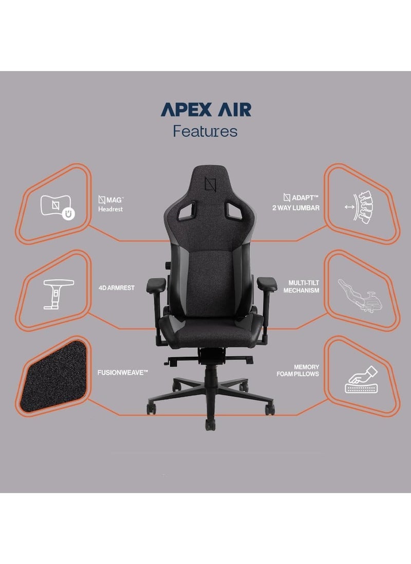 نافو APEX AIR – كرسي ألعاب وكمبيوتر مريح من Fusion Weave الفاخر مع وسائد من الإسفنج الذكي، ومسند رأس مغناطيسي، ودعم قطني مدمج قابل للتعديل، ومساند أذرع رباعية الأبعاد، وسعة وزن 135 كجم، ومسند ظهر بزاوية 90-155 درجة - تصميم عالي الجودة ومريح لساعات طويلة، رمادي غامق | APEXAIR-FW-DG  - Image 4