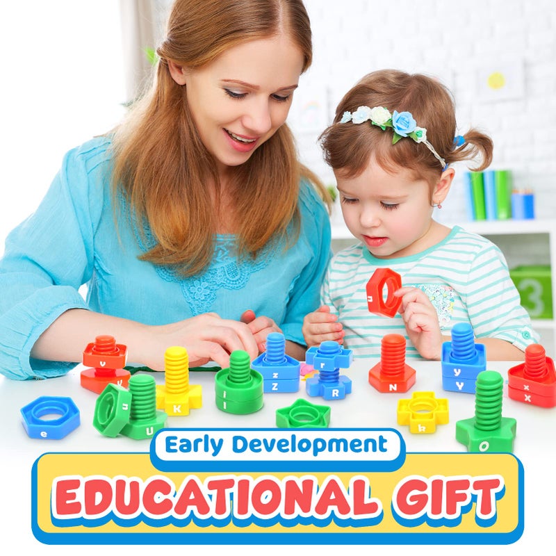 SMALL FISH Letters Learning Matching Game | Fine Motor Skills Toy Set for Toddlers | 26 Alphabet Learning Toys with 52 pcs Nuts and Bolts Sorting & Stacking Toys, ABC learning Educational Montessori Toy for Kids - Image 5