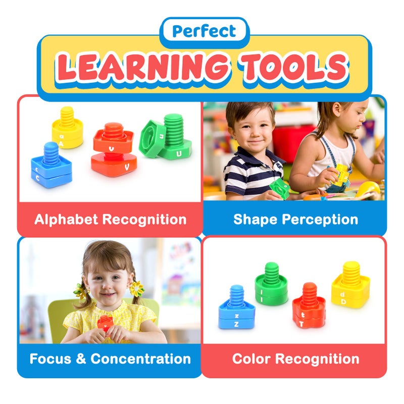 SMALL FISH Letters Learning Matching Game | Fine Motor Skills Toy Set for Toddlers | 26 Alphabet Learning Toys with 52 pcs Nuts and Bolts Sorting & Stacking Toys, ABC learning Educational Montessori Toy for Kids - Image 2