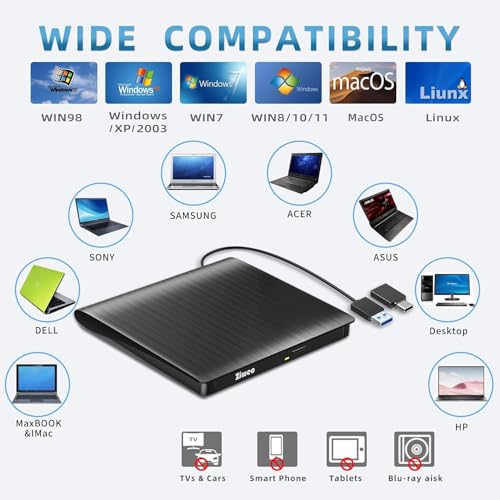 Ziweo External DVD Drive USB 3.0 Type-C CD Burner Portable CD +/-RW Drive DVD Player for ROM Rewriter Burner Compatible with Laptop Desktop PC Windows MacBook Linux Mac OS - Image 4