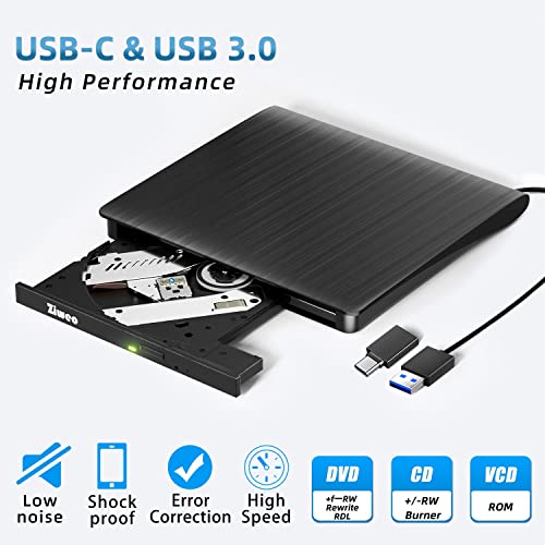 Ziweo External DVD Drive USB 3.0 Type-C CD Burner Portable CD +/-RW Drive DVD Player for ROM Rewriter Burner Compatible with Laptop Desktop PC Windows MacBook Linux Mac OS - Image 2