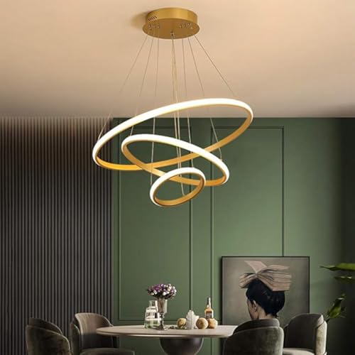 WHITERAY Modern Contemporary Spiral LED 3 Ring Chandelier Hanging Ceiling Pendant Light Adjustable Height with 3 Color Lighting Modes Ideal for Living Room/Bedroom/Office/Home (L-3 String Led (Gold)) - Image 3