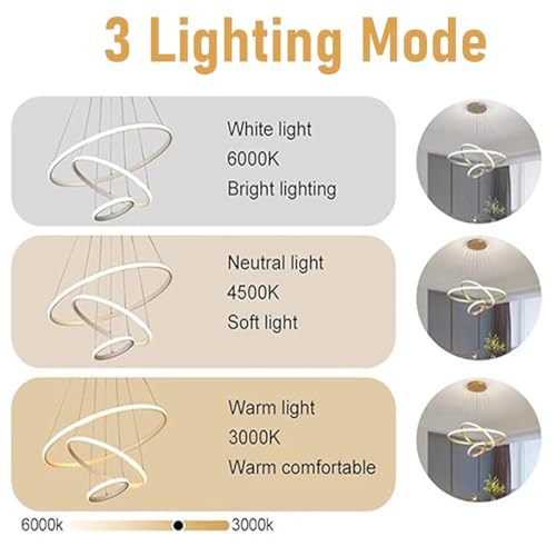 WHITERAY Modern Contemporary Spiral LED 3 Ring Chandelier Hanging Ceiling Pendant Light Adjustable Height with 3 Color Lighting Modes Ideal for Living Room/Bedroom/Office/Home (L-3 String Led (Gold)) - Image 5