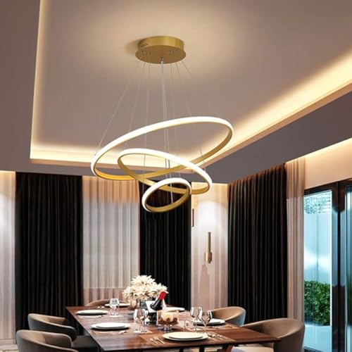 WHITERAY Modern Contemporary Spiral LED 3 Ring Chandelier Hanging Ceiling Pendant Light Adjustable Height with 3 Color Lighting Modes Ideal for Living Room/Bedroom/Office/Home (L-3 String Led (Gold)) - Image 2