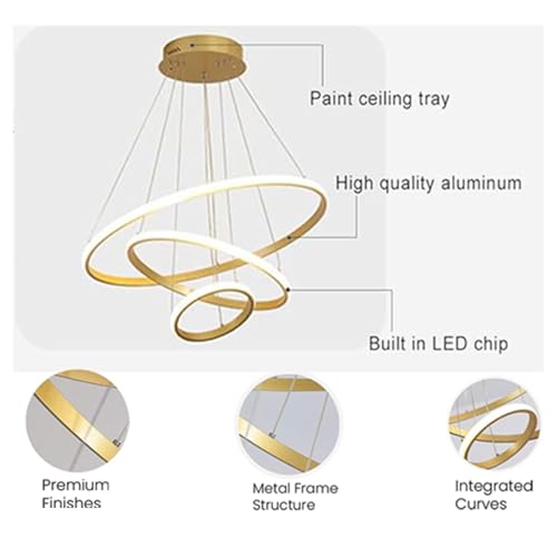 WHITERAY Modern Contemporary Spiral LED 3 Ring Chandelier Hanging Ceiling Pendant Light Adjustable Height with 3 Color Lighting Modes Ideal for Living Room/Bedroom/Office/Home (L-3 String Led (Gold)) - Image 4