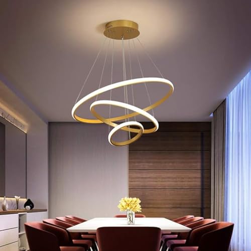 WHITERAY Modern Contemporary Spiral LED 3 Ring Chandelier Hanging Ceiling Pendant Light Adjustable Height with 3 Color Lighting Modes Ideal for Living Room/Bedroom/Office/Home (L-3 String Led (Gold)) - Image 1