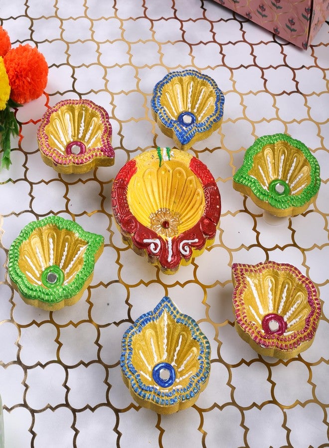 ارتيسينيا مجموعة فاخرة مصنوعة يدويًا من الطين، مكونة من 7 مصابيح ديا متعددة الألوان، مثالية لتزيين ديوالي/نافاراتري، مصباح زيتي، حامل شموع، ديكور منزلي، هدايا احتفالية، أدوات بوجا - DIYA07HL06 - Image 3