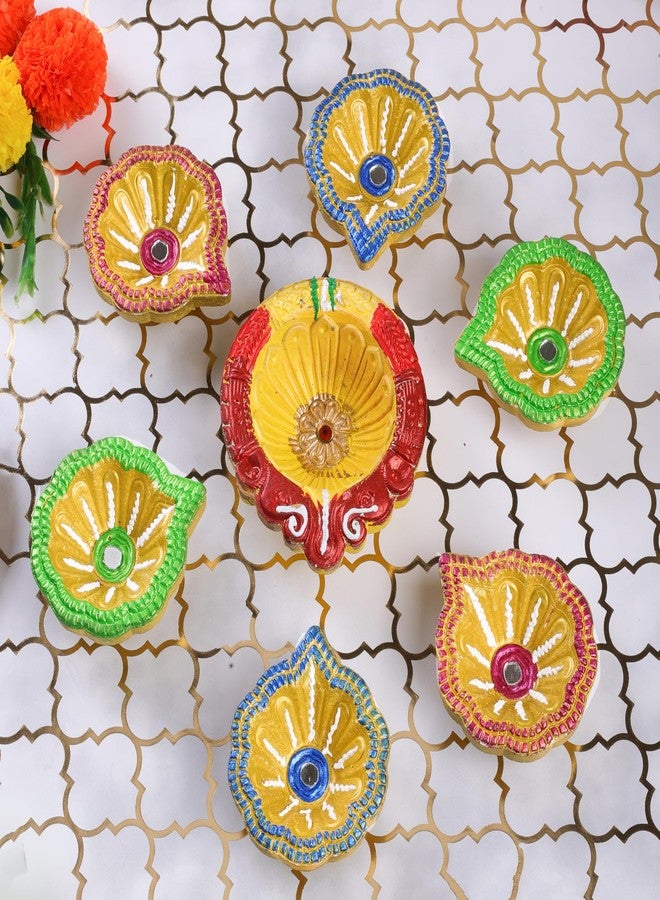 ارتيسينيا مجموعة فاخرة مصنوعة يدويًا من الطين، مكونة من 7 مصابيح ديا متعددة الألوان، مثالية لتزيين ديوالي/نافاراتري، مصباح زيتي، حامل شموع، ديكور منزلي، هدايا احتفالية، أدوات بوجا - DIYA07HL06 - Image 2