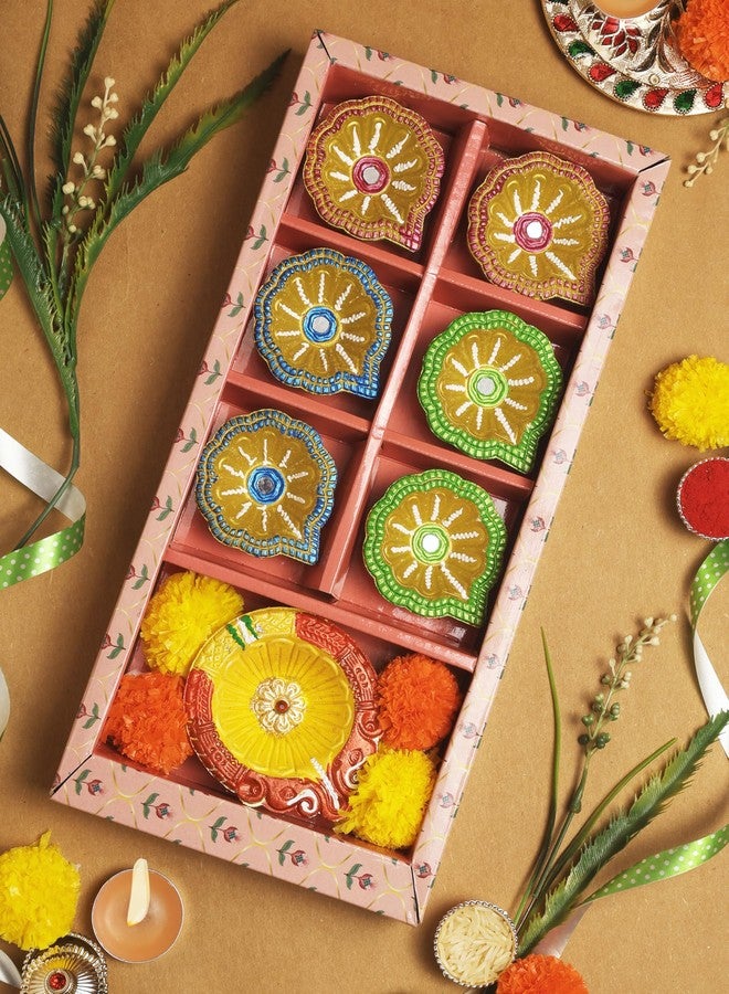 ارتيسينيا مجموعة فاخرة مصنوعة يدويًا من الطين، مكونة من 7 مصابيح ديا متعددة الألوان، مثالية لتزيين ديوالي/نافاراتري، مصباح زيتي، حامل شموع، ديكور منزلي، هدايا احتفالية، أدوات بوجا - DIYA07HL06 - Image 1