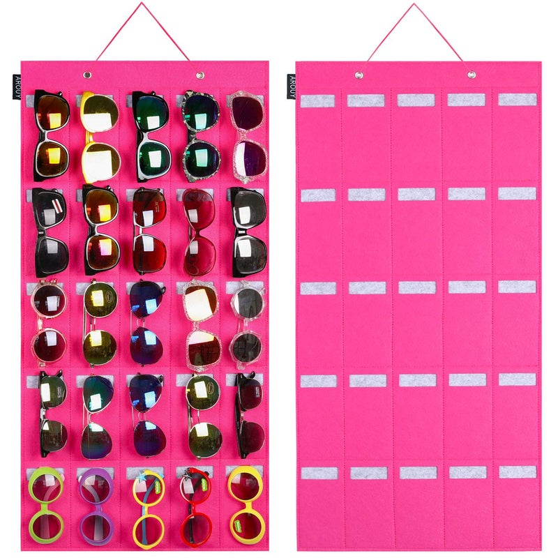AROUY Sunglasses Organizer  Hanging Wall Pocket with 25 Felt Slots  Sturdy Rope Large Rose