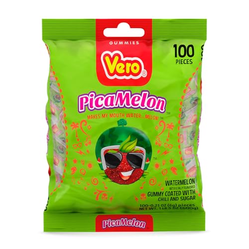 Vero Picamelon  Watermelon Flavored Chewy Gummy Treats Coated in Chili Powder 100 Pieces Net Wt 1 Lb 515 Ounces  Individually Wrapped Mexican Candy Gummies for Piatas Halloween and More - Image 1