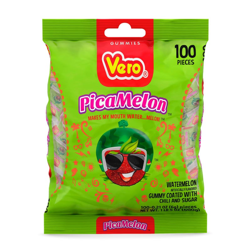 Vero Picamelon  Watermelon Flavored Chewy Gummy Treats Coated in Chili Powder 100 Pieces Net Wt 1 Lb 515 Ounces  Individually Wrapped Mexican Candy Gummies for Piatas Halloween and More - Image 3