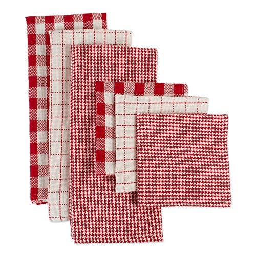 DII Heavy Duty Kitchen Towels Collection Long Lasting Quality, Cotton Dish Towel, 18x28; Dish Cloth, 13x13, Holiday Red Checks, 6 Piece - Image 1