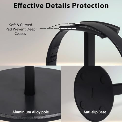 GadgetBite Headphone Stand for Table Desk Aluminum Headphone Holder Gaming Headset Holder for Table Top ABS Solid Base Headphone Accessorie Organiser for PC Office Home Gaming Headsets - Black - Image 2