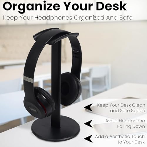 GadgetBite Headphone Stand for Table Desk Aluminum Headphone Holder Gaming Headset Holder for Table Top ABS Solid Base Headphone Accessorie Organiser for PC Office Home Gaming Headsets - Black - Image 4