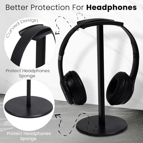 GadgetBite Headphone Stand for Table Desk Aluminum Headphone Holder Gaming Headset Holder for Table Top ABS Solid Base Headphone Accessorie Organiser for PC Office Home Gaming Headsets - Black - Image 5