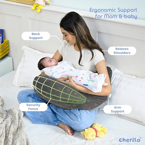 Cherilo Feeding Pillow for New Born Baby | Feeding Pillow for Breastfeeding with Security Fence Design for Added Baby Support, Adjustable Waist Belt | Soft Velvet Cover, Grey Leaf - Image 3