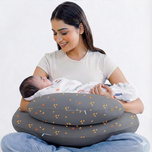 Cherilo Feeding Pillow for New Born Baby | Feeding Pillow for Breastfeeding with Security Fence Design for Added Baby Support, Adjustable Waist Belt | Soft Velvet Cover, Grey Leaf - Image 1