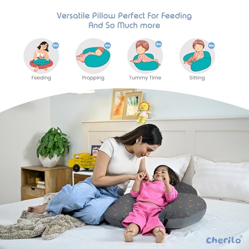 Cherilo Feeding Pillow for New Born Baby | Feeding Pillow for Breastfeeding with Security Fence Design for Added Baby Support, Adjustable Waist Belt | Soft Velvet Cover, Grey Leaf - Image 5