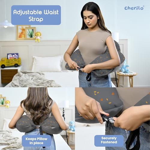 Cherilo Feeding Pillow for New Born Baby | Feeding Pillow for Breastfeeding with Security Fence Design for Added Baby Support, Adjustable Waist Belt | Soft Velvet Cover, Grey Leaf - Image 4