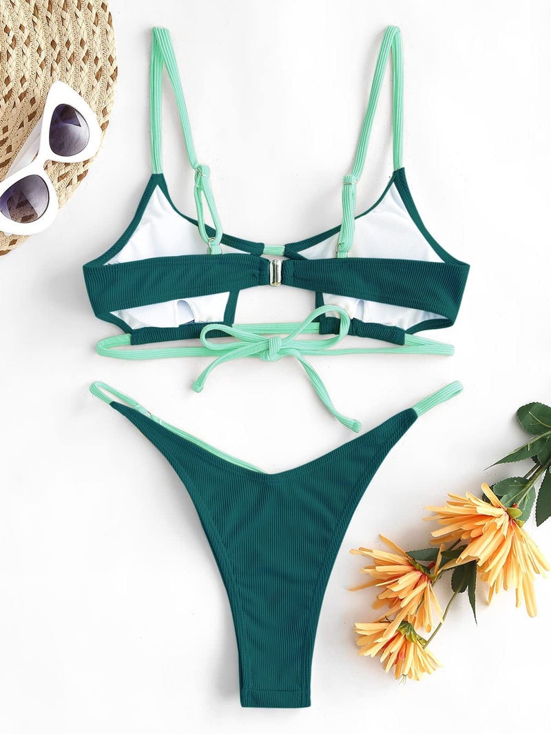 ZAFUL Women's Sexy Cutout Bikini Thong Bikini Set Color Block Swimsuit Tie Back Two Piece Swimsuit Bathing Suit (2-A-Deep Green,S) - Image 3