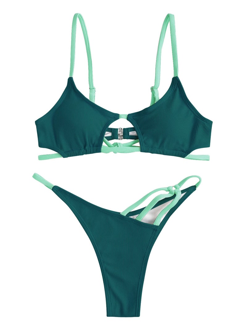ZAFUL Women's Sexy Cutout Bikini Thong Bikini Set Color Block Swimsuit Tie Back Two Piece Swimsuit Bathing Suit (2-A-Deep Green,S) - Image 4