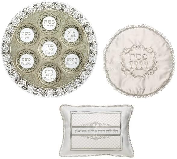 Ayuni Gifts of the World Ayuni Gifts of the World Elegant Painted Glass Large Passover Seder Plate 16  Satin Matzah Cover  Embroidered Pillow Cover Off White  - Image 1
