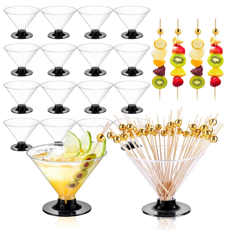 ALEXPRE 60Pcs Plastic Martini Glasses Disposable Cocktail Glasses for Parties + 100Pcs Pearl Cocktail Picks, Clear Unbreakable Mini Plastic Margarita Glasses for Weddings Wine Ice Cream Appetizers Food - Image 1