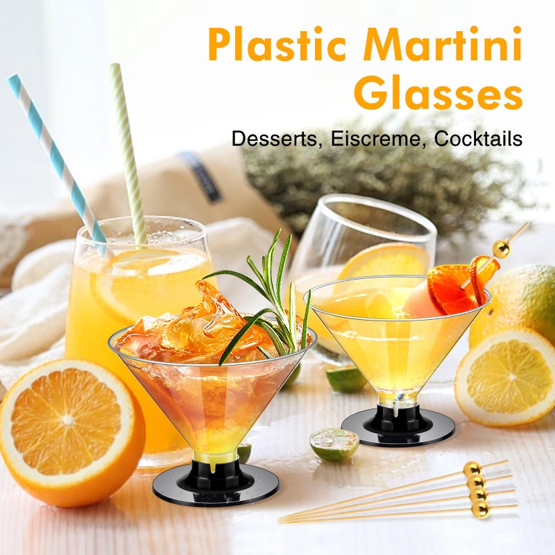 ALEXPRE 60Pcs Plastic Martini Glasses Disposable Cocktail Glasses for Parties + 100Pcs Pearl Cocktail Picks, Clear Unbreakable Mini Plastic Margarita Glasses for Weddings Wine Ice Cream Appetizers Food - Image 2