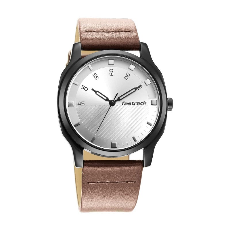 Fastrack Stunners 4.0 Men Quartz Analog | Elegant Textured Silver Dial with Minimalist Markers | Premium Brown Genuine Leather Strap & Polished Round Case - 3255NL02 - Image 5
