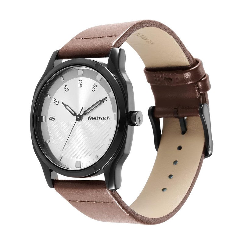 Fastrack Stunners 4.0 Men Quartz Analog | Elegant Textured Silver Dial with Minimalist Markers | Premium Brown Genuine Leather Strap & Polished Round Case - 3255NL02 - Image 4