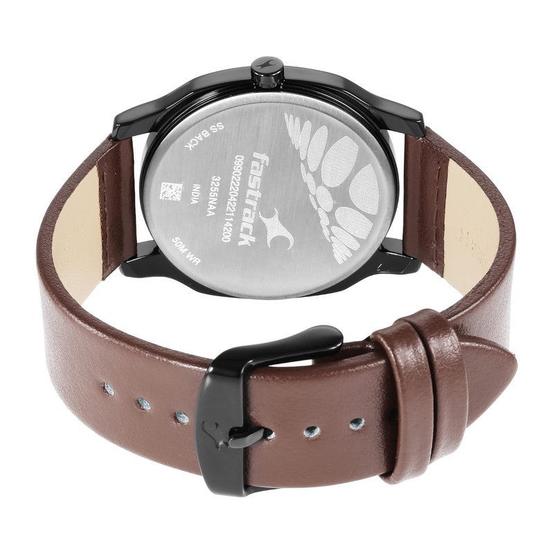 Fastrack Stunners 4.0 Men Quartz Analog | Elegant Textured Silver Dial with Minimalist Markers | Premium Brown Genuine Leather Strap & Polished Round Case - 3255NL02 - Image 3