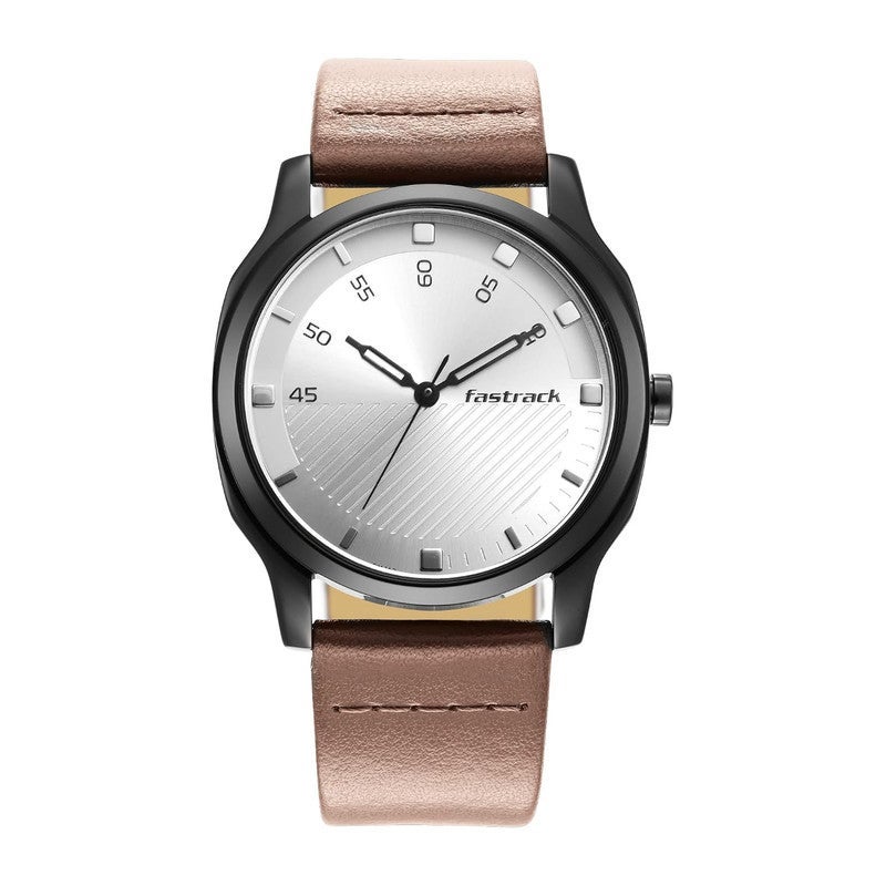 Fastrack Stunners 4.0 Men Quartz Analog | Elegant Textured Silver Dial with Minimalist Markers | Premium Brown Genuine Leather Strap & Polished Round Case - 3255NL02 - Image 1