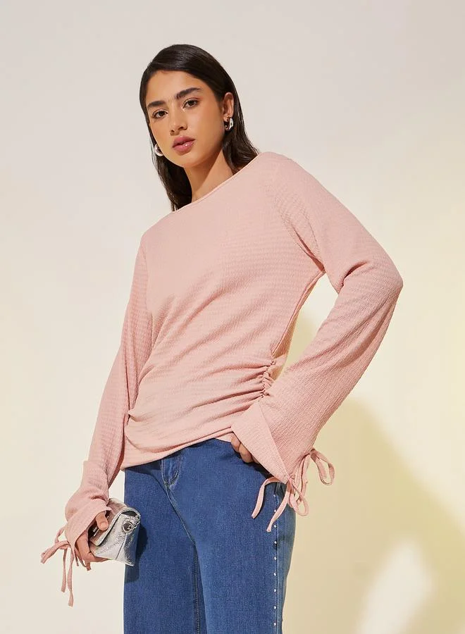 Take Two Texture Round Tie Detail Knit Top