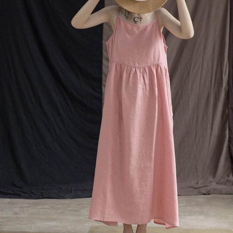 Cotton And Linen Simple Solid Color Sleeveless Slip Dress For Women 2025 Summer Stylish Age-Reducing Slimming Inner Artistic Dress - Image 5