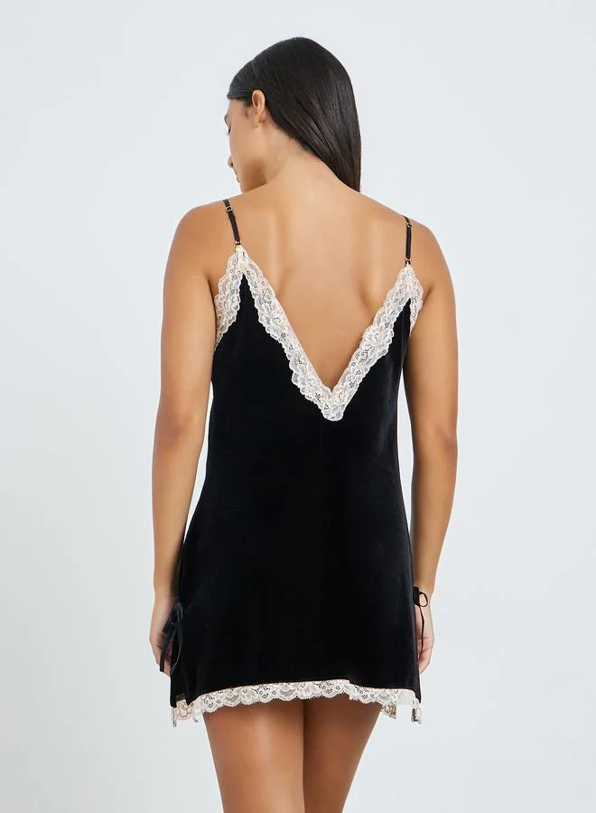 Styli Black Lace Detail Velvet Slip for Women | Best Price UAE