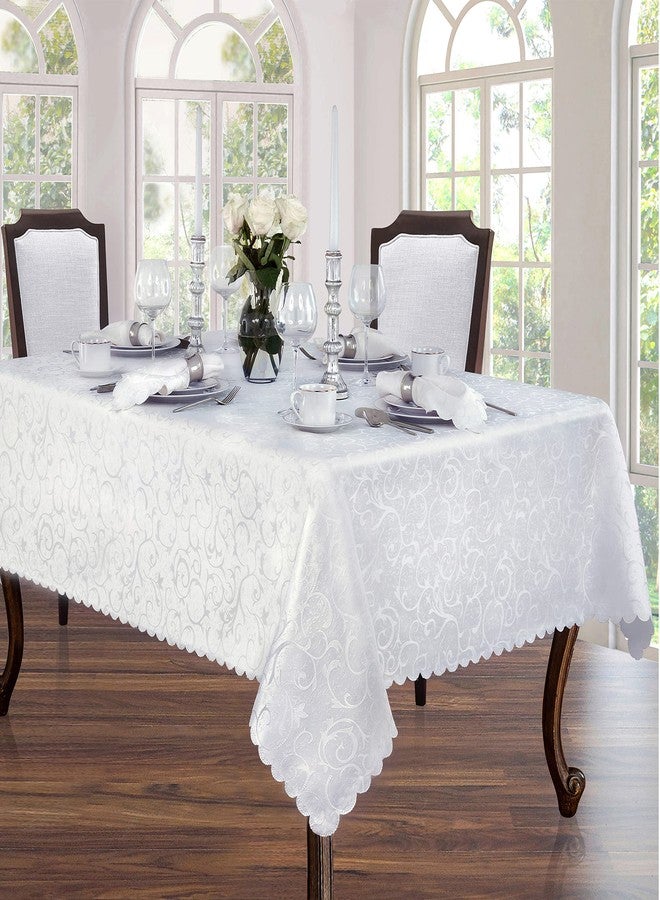 Newbridge Portofino Scalloped Damask Fabric Tablecloth, 52 x 70 Inch Rectangle, White, Wrinkle and Stain Resistant Fine Dining Holiday Party Table Cover - Image 3