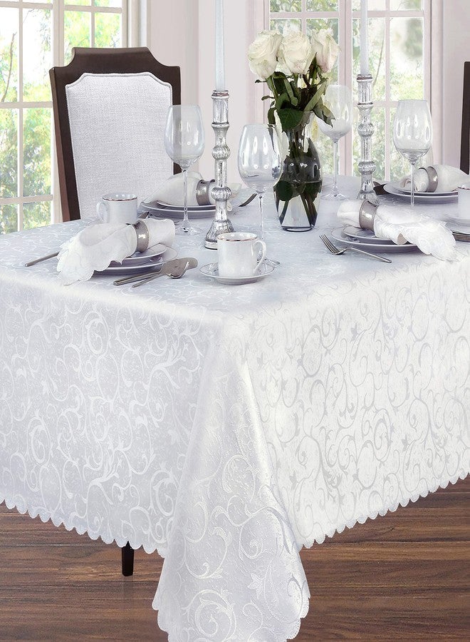 Newbridge Portofino Scalloped Damask Fabric Tablecloth, 52 x 70 Inch Rectangle, White, Wrinkle and Stain Resistant Fine Dining Holiday Party Table Cover - Image 2
